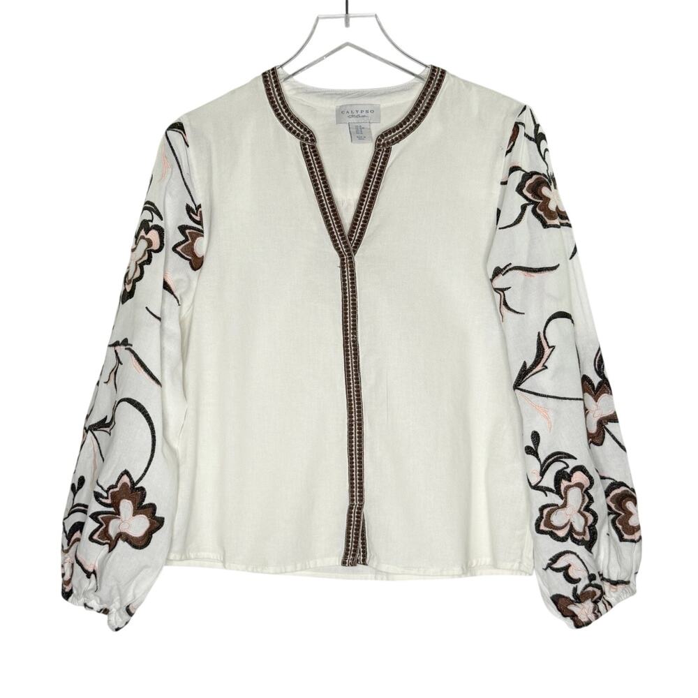 Calypso St. Barth Embroidered Sleeve Cotton Blend Blouse M Floral Sleeves *flaw